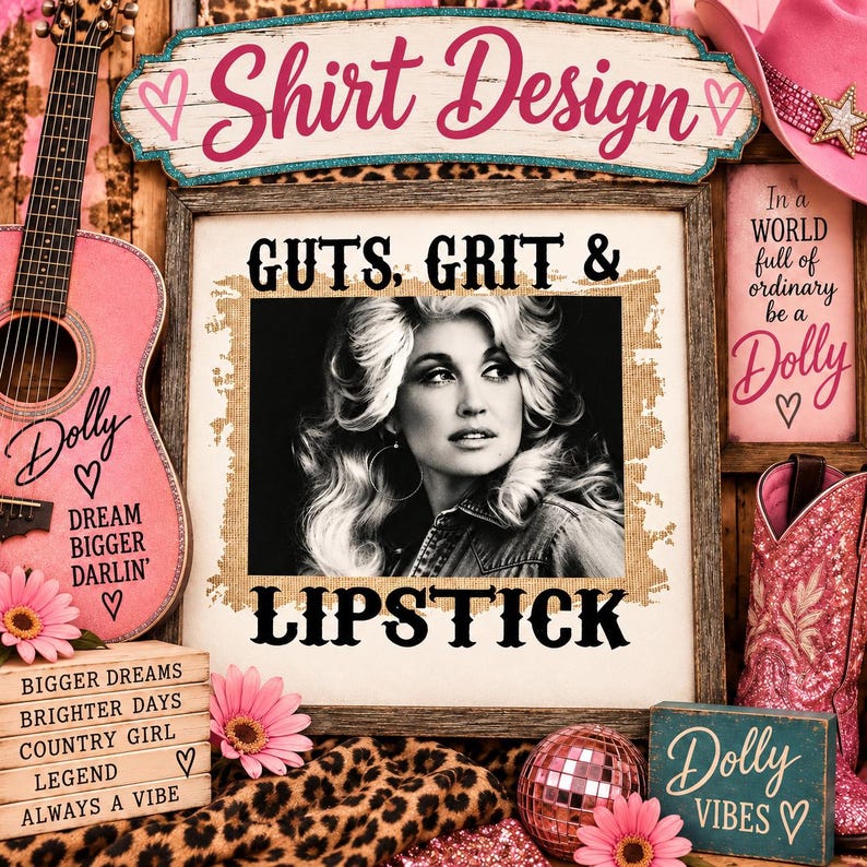 May include: A square wooden sign featuring a black and white portrait of a woman with blonde hair, surrounded by the text GUTS, GRIT & LIPSTICK. The sign is displayed with a pink guitar, a pink cowboy boot, a disco ball, and stacked wooden blocks.