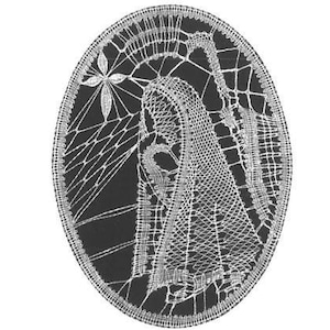 May include: A black and white bobbin lace pattern of a figure with a long gown and a flower in their hair. The pattern is titled "7 JEESUS JA MARIA/JESUS AND MARIA / JESUS UND MARIA" and is from the book "Nypläysmalleja/Bobbin lace patterns/Klöppelmuster 1998".