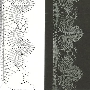 May include: A black and white diagram of a lace pattern with a corresponding sample of the lace pattern on a black background.