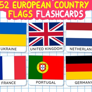 52 EUROPA FLAGGEN Karteikarten, Montessori Europäische Länder Flaggenkarte, Nomenklatur Karteikarten, Druckbare Geografiekarten für die Vorschule, Pdf, Png