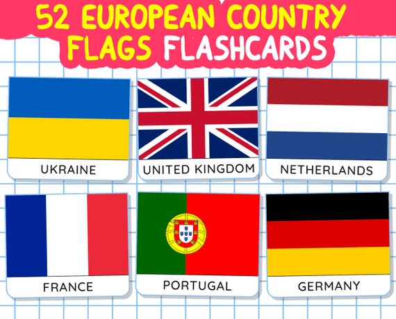 52 EUROPE FLAGS Flashcards, Montessori European Countries Flag Card, Nomenclature Flash Cards, Printable Preschool Geography Cards, Pdf, Png