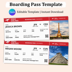 Modèle modifiable de carte d'embarquement, carte d'embarquement avec photo, carte d'embarquement imprimable, modèle de carte d'embarquement personnalisé sur toile, billet d'avion