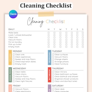 Daily, Weekly, Monthly Cleaning Checklist Editable, Daily Cleaning ...
