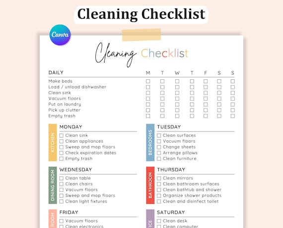 Daily, Weekly, Monthly Cleaning Checklist Editable, Daily Cleaning Checklist Check Off, Home Chores Checklist, Schedule, Digital Download