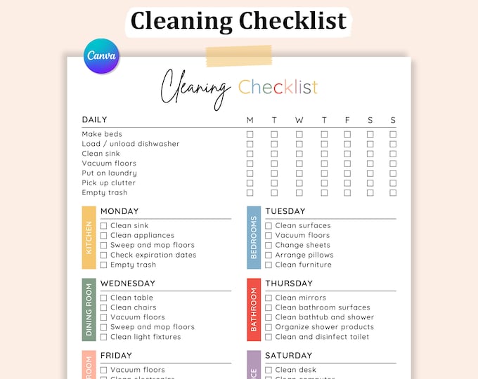 Featured listing image: Daily, Weekly, Monthly Cleaning Checklist Editable, Daily Cleaning Checklist Check Off, Home Chores Checklist, Schedule, Digital Download