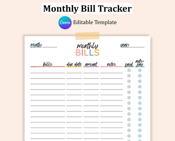 Editable Monthly BILL TRACKER, Monthly Bill Log, Monthly Bill Payment Checklist, Bill Pay Tracker, Bill Tracker Printable
