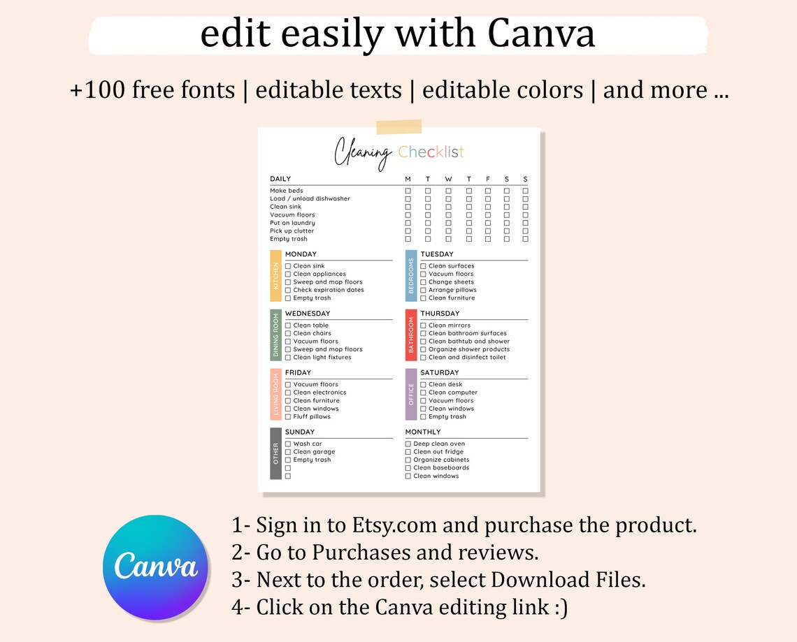 Daily, Weekly, Monthly Cleaning Checklist Editable, Daily Cleaning ...