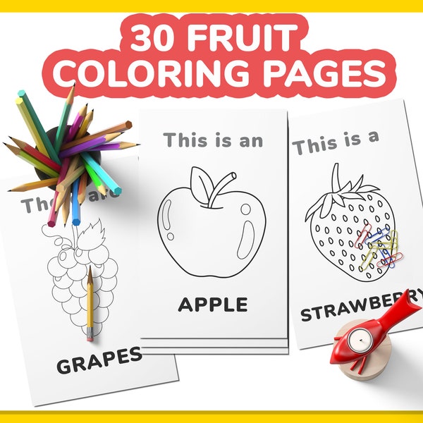 30 Fruit Coloring Pages For Kids, Printable Kids Coloring Book for Home & School, Preschool Kids Coloring Pages, Coloring Digital Download