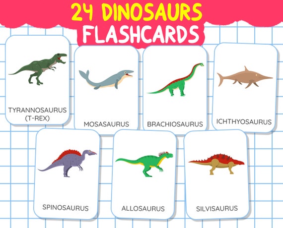 24 Dinosaur Flashcards | Montessori Flashcards for Toddler | Printable Preschool Flash card | Learn Dinosaurs
