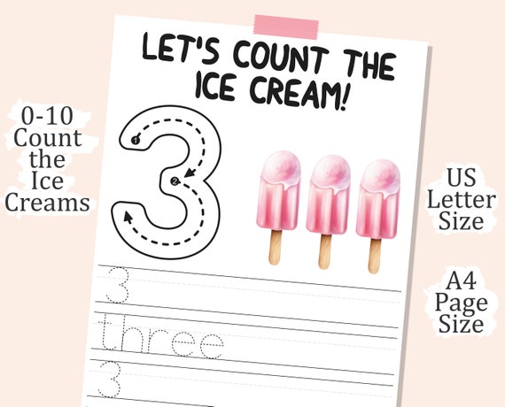 Preschool & Kindergarten NUMBER TRACING WORKSHEETS, 0-10 Count the Ice Creams, Kindergarten Worksheets, Tracing and Counting Worksheet