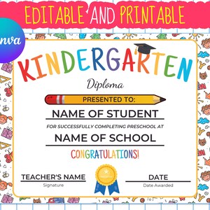 Certificado de GRADUACIÓN DE KINDERGARTEN editable, Diploma de Kindergarten, Último día de Kindergarten, Plantilla de Kindergarten, Diploma editable