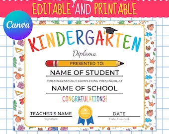 Editable Kindergarten Graduation Diploma Template (Digital Download)