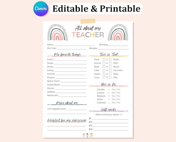 Editable ALL ABOUT My TEACHER Questionnaire, Teacher Favorites, Printable Getting To Know Teacher, My Teacher Survey, Back to School Teacher