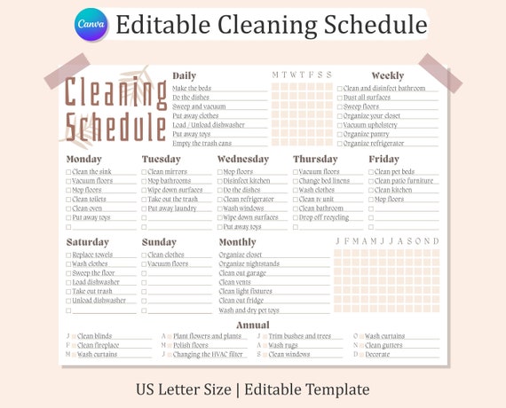 Editable CLEANING SCHEDULE Weekly, Printable Cleaning Checklist, Weekly Cleaning, Adhd Planner, House Chore List