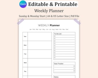 May include: A white weekly planner with a simple layout, featuring sections for each day of the week, a to-do list, a goal tracker, and notes. The planner is labeled "Weekly Planner" and includes the text "Editable & Printable".