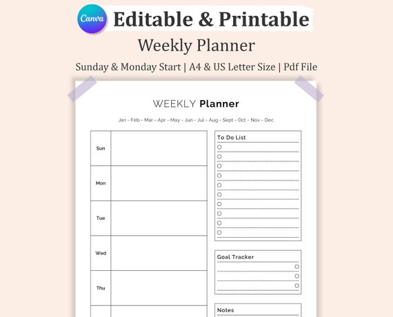 Undated WEEKLY PLANNER, Editable Printable Weekly Planner, Minimalist Printable Planner, To Do List Editable Planner