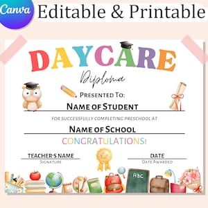 DAYCARE DIPLOMA, bearbeitbares Kindergarten-Abschlusszertifikat, druckbares Vorschulzertifikat, Vorschuldiplom