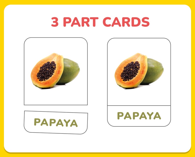 May include: A three-part card set with a picture of a papaya, the word "papaya" written below the picture, and the word "papaya" written on a separate card.