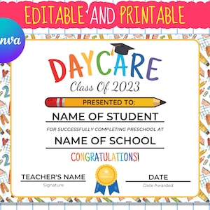 Bearbeitbares DAYCARE GRADUATION-Zertifikat, Kindergarten-Diplom, letzter Tag der Kindertagesstätte, Vorlage für den Abschluss der Kita, bearbeitbares Zertifikat