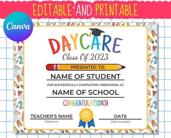 Editable DAYCARE GRADUATION Certificate, Daycare Diploma, Last Day of Daycare, Daycare Graduation  Template, Editable Diploma