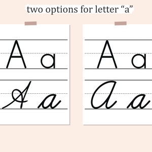 May include: Two options for writing the letter "a" in cursive. The first option has a loop in the lowercase "a". The second option has a straight line in the lowercase "a".