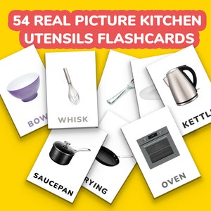 54 echte foto keukengerei Flashcards, Montessori keukengerei Flashcards, schoolkaarten, afdrukbare kaarten, Preschool kaarten