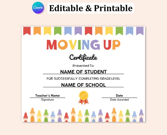 Editable Preschool Moving Up Certificate, Prek Moving Up Certificate, Preschool Graduation Diploma, Certificate Template For Kids