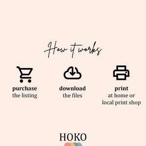 May include: A graphic showing how to purchase, download, and print digital files. The graphic includes a shopping cart, a cloud with a download arrow, and a printer. The text reads "How it works", "purchase the listing", "download the files", and "print at home or local print shop".