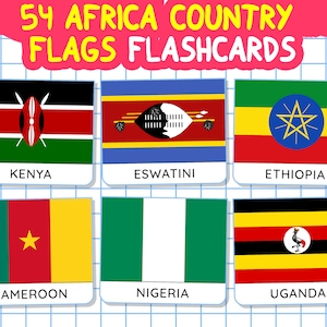 54 FLAGS AFRICANE Flashcard, Montessori Africa Paesi Bandiere Carte, Nomenclatura Flash Card, Carta Geografia prescolare stampabile Pdf, Png