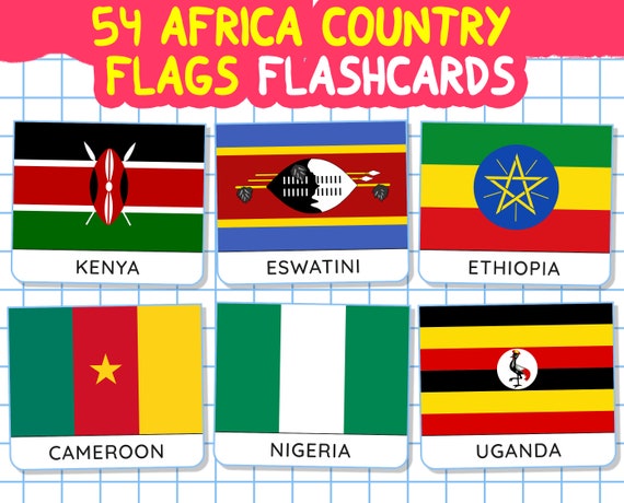 54 AFRICAN FLAGS Flashcards, Montessori Africa Countries Flags Cards, Nomenclature Flash Cards, Printable Preschool Geography Card Pdf, Png