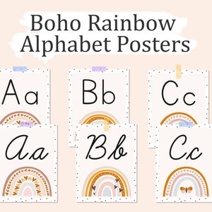 Boho Rainbow Alphabet Posters: Cursive & Print Fonts (PDF Download)