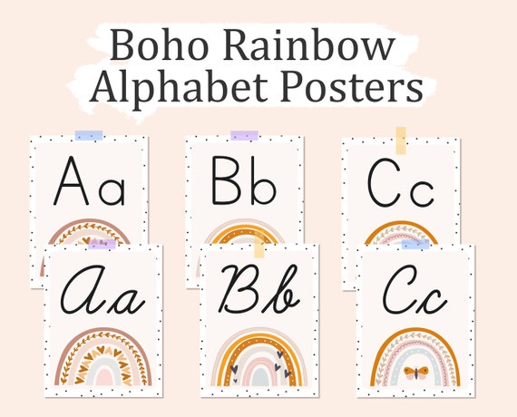 Boho Rainbow Alphabet Posters, Cursive Alphabet, Print Alphabet, Classroom Alphabet Posters, Boho Rainbow Classroom Decor