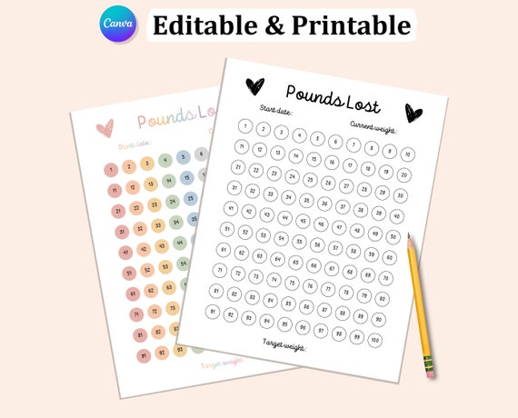 Editable WEIGHTLOSS TRACKER 100 Pounds, Printable Loss Weight Tracker 100 Lbs, Weight Loss Tracker,  Weightloss Calendar Journal Chart