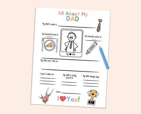 All About My Dad Questionnaire Printable, Fathers Day Coloring Card Printable, Fathers Day Gift From Kids Interview, Editable Template