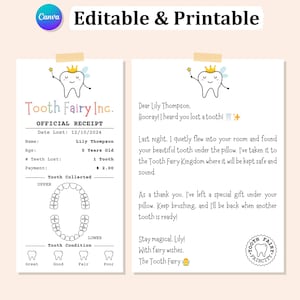 Plantilla imprimible de carta y recibo del Hada de los Dientes, recibo, carta y nota del Hada de los Dientes, plantilla editable
