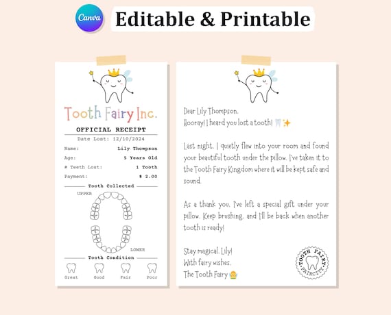 Editable Tooth Fairy LETTER and RECEIPT Printable Template, Tooth Fairy Receipt, Tooth Fairy Letter, Tooth Fairy Note, Editable Template