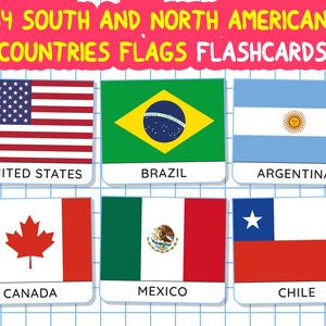 54 drapeaux des pays d'Amérique du Sud et du Nord Flashcards, Montessori Country Flags Cards, Preeschool Flashcards, Printable Country Card