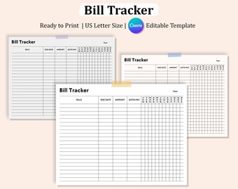 May include: Three printable bill tracker sheets with columns for bills, due date, amount, auto-pay, and a calendar grid for the year. The sheets are labeled "Bill Tracker" and are ready to print.