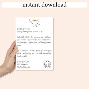 May include: A printable letter from the Tooth Fairy to Lily Thompson. The letter is written in a whimsical font and features a cartoon tooth fairy with a wand and a tooth. The letter says "Hooray! I heard you lost a tooth!" and "Stay magical, Lily! With fairy wishes. The Tooth Fairy."