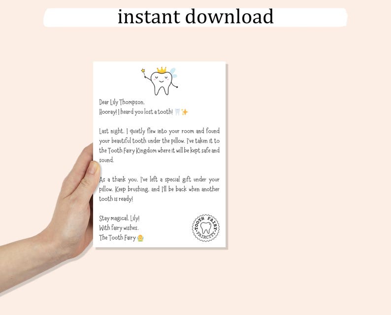 May include: A printable letter from the Tooth Fairy to Lily Thompson. The letter is written in a whimsical font and features a cartoon tooth fairy with a wand and a tooth. The letter says "Hooray! I heard you lost a tooth!" and "Stay magical, Lily! With fairy wishes. The Tooth Fairy."