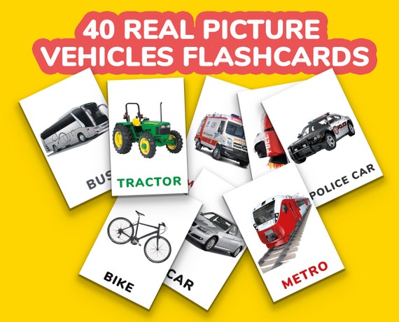 40 Real Picture Vehicles Flashcards, Montessori Cards, Transport Flashcards, Preschool Flashcards, Digital Vehicles Printable Flashcards