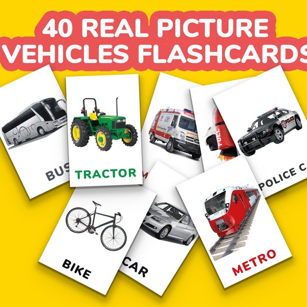 40 Real Picture Vehicles Flashcards, Montessori Cards, Transport Flashcards, Preschool Flashcards, Digital Vehicles Printable Flashcards