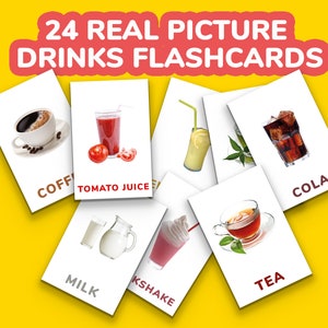 Pode incluir: Um conjunto de 24 flashcards com diferentes bebidas, incluindo café, suco de tomate, limonada, cola, leite, milkshake e chá. Cada cartão tem uma imagem colorida da bebida e o nome da bebida escrito abaixo da imagem.