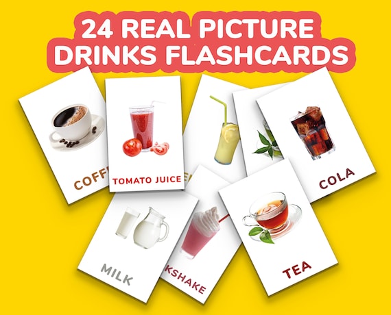 24 Real Picture Drinks Flashcards, Montessori Drinks Flashcards, Printable Flashcards, Digital Download, Learning Drinks Names, Preeschool