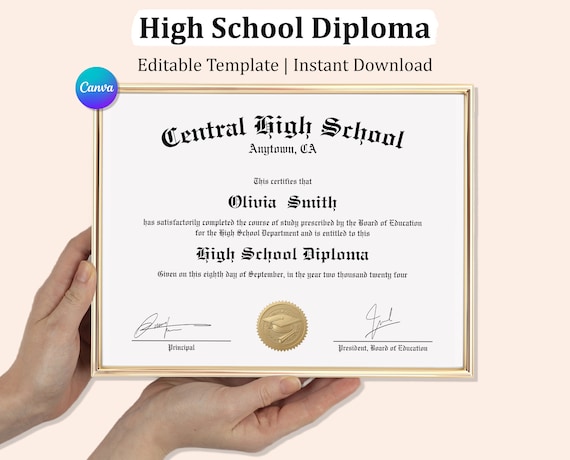High School Diploma Template, Fake Diploma With Gold Seal, Grad Certificate Replica, Editable Graduation Certificate, Canva Diploma Template