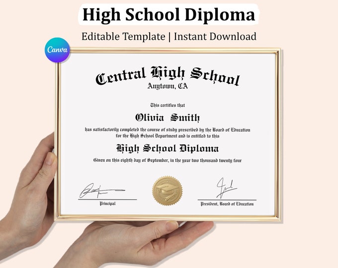 Featured listing image: High School Diploma Template, Fake Diploma With Gold Seal, Grad Certificate Replica, Editable Graduation Certificate, Canva Diploma Template
