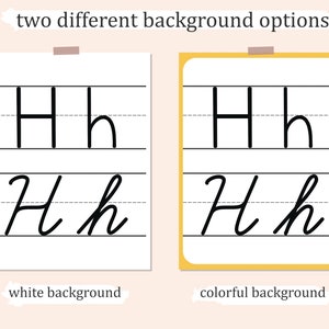 May include: Two images showing how to write the letter H in uppercase and lowercase. The first image has a white background and the second image has a yellow background.