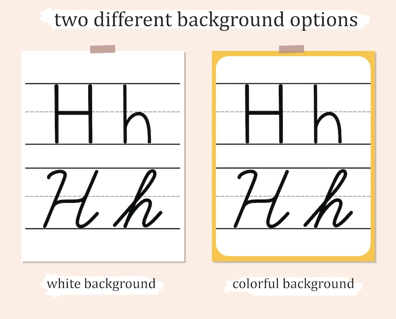 May include: Two images showing how to write the letter H in uppercase and lowercase. The first image has a white background and the second image has a yellow background.