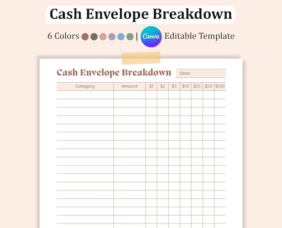 Editable CASH ENVELOPE BREAKDOWN Sheet, Sinking Fund Breakdown, Savings Tracker Template, Sinking Fund Cash Envelope, Bank Teller Slip