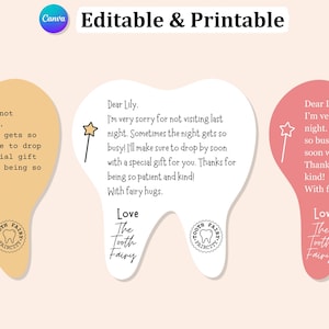 Mini lettre modifiable de la fée des dents, dent oubliée de la fée des dents, lettre d'excuses de la fée des dents, carte imprimable de la fée des dents en toile